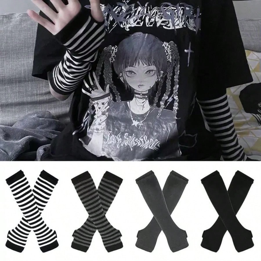 1 Pair Y2K Punk Striped Knitte - đánh giá và giá Fingerless Glove Knit